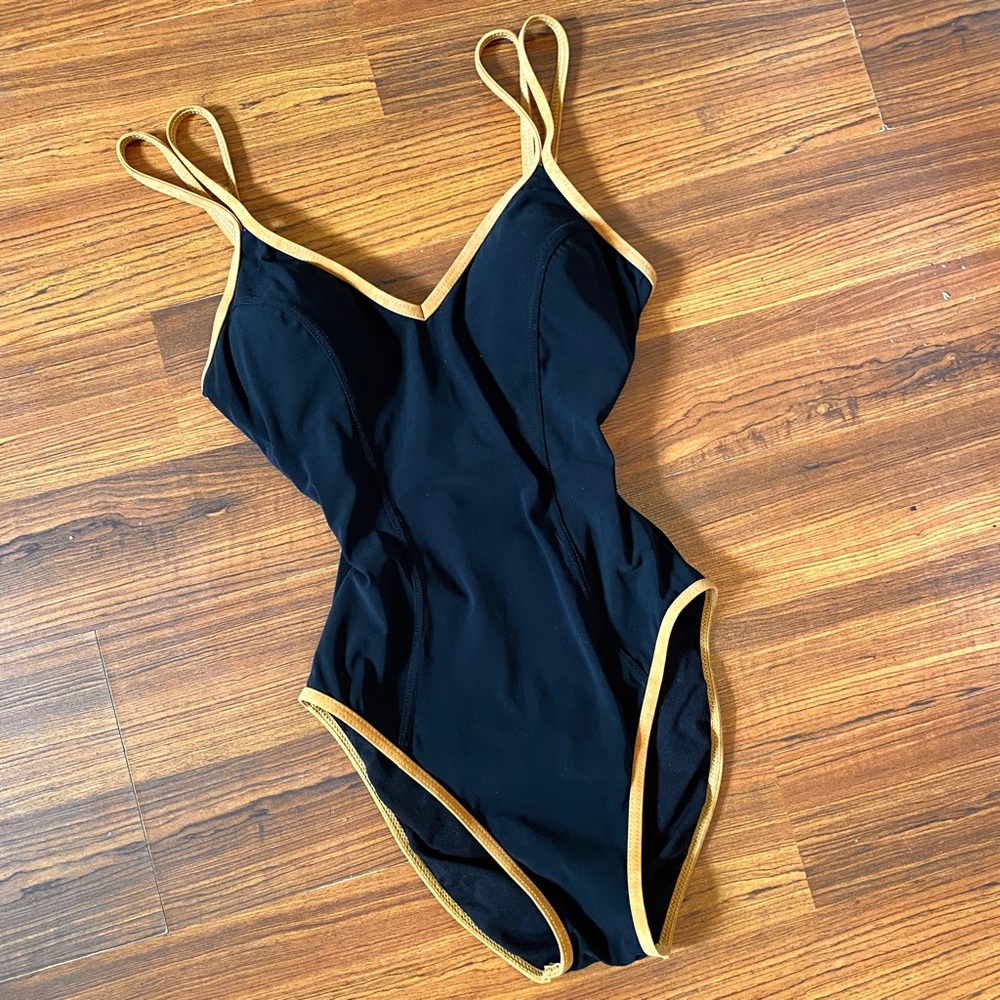 SOLD. Gottex Lycra One Piece Body Sculpting Black High Cut Swimsuit